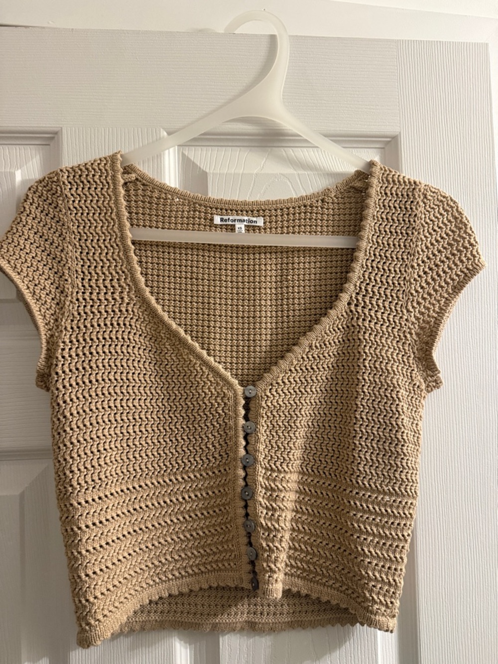 Reformation Beige Crochet-Style Button Front Crop Top